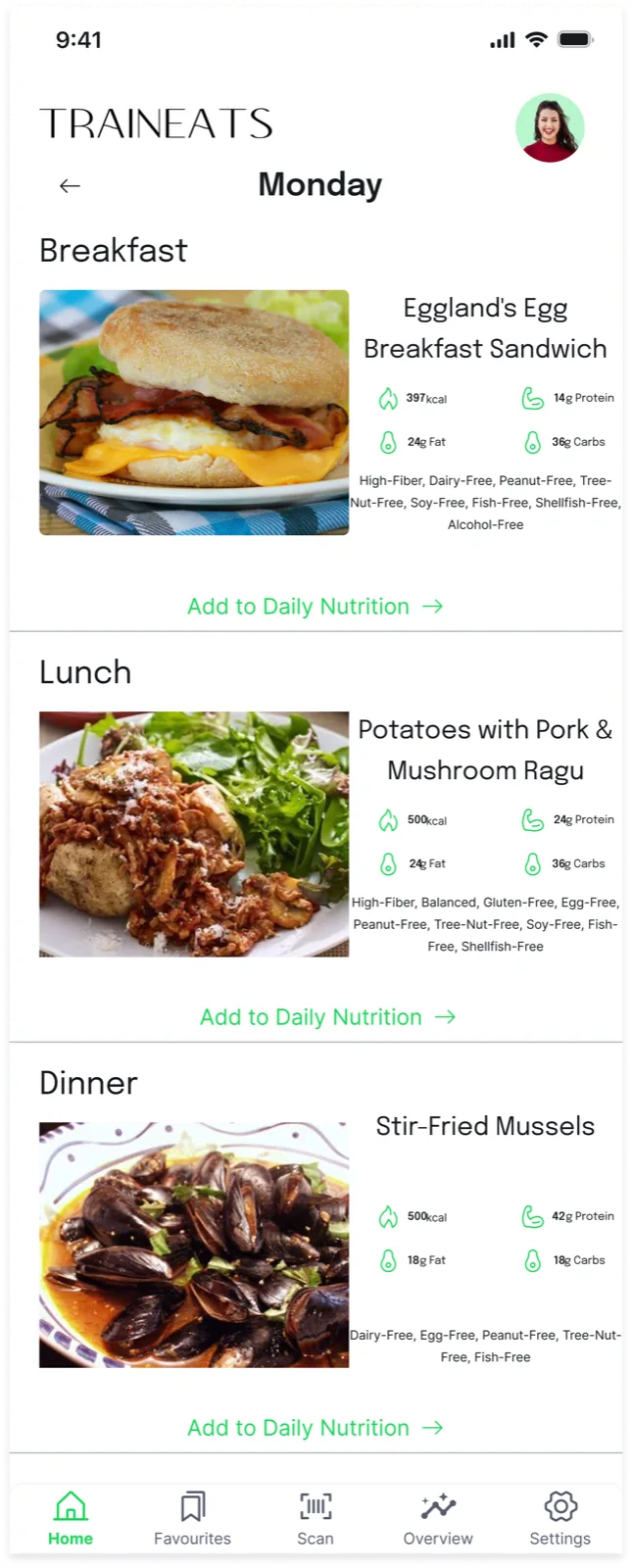 TrainEats — AI meal planning app screenshot
